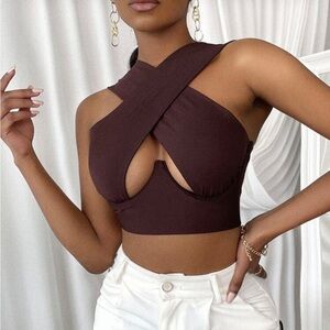 SHEIN Brown Cross Halter Tank Top